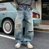 Jeans largo e moderno, estilo rua, retro americano, lavado e desgastado, para homens, solto e casual, comprimento total