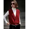 Chaleco de punto rojo retro francés con cuello en V para mujer, adecuado para ir al trabajo, de un solo pecho, elegante chaleco de punto para superponer