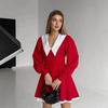 Vestido Corto con Cuello Francés Cruzado y Empalmado Europeo y Americano Primavera 2025 Nuevo Falda Corta de Manga Farol Ceñida a la Cintura para Mujer
