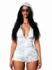 Body de Camuflaje con Cremallera y Solapa Estilo Europeo y Americano Chica Picante Estampado Floral Hecho a Mano en el Lado Mangas Cortas Ajustado Bodycon