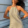 Vestido Cruzado com Gola Halter para Mulheres, Verão Algodão e Linho Slim Fit Corte A Curto, Vestido Retro Sexy de Cintura Alta