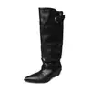 Botas de Cavaleiro Moda Plissada Estilo Britânico 4,5cm Outono/Inverno 2026 Bico Fino Salto Grosso Acima do Joelho
