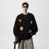 Moletom pesado com gola redonda e estampa floral estilo americano para homens, marca da moda, outono e inverno, corte solto, casual, high street, top preto estiloso