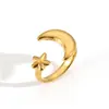 Anillo de Acero de Titanio con Diseño de Estrella y Luna de Nicho Europeo y Americano para Mujer, Moda, Abierto, Acero Inoxidable Chapado en Oro de 18k