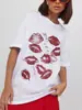 Moda Sentido de Diseño Distintivo Estilo Americano Camiseta de Manga Corta de Algodón Pesado Estampada Moda Femenina Marca Top Oversize Moda