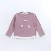 Nueva Camiseta de Manga Larga con Parches de Encaje y Lazo Estilo Coreano para Niñas Ropa Interior Infantil Dulce Top para Bebé Venta al por Mayor