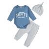 Traje transfronterizo de algodón para bebé y niño con letras estampadas, azul, albaricoque, chaqueta, pantalón gris marrón, sombrero, tres piezas, venta al por mayor