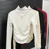 Camiseta térmica base de manga larga para mujer, ajuste ceñido, cuello semi-alto, para otoño e invierno, con un elegante diseño plisado, cálida