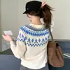 Suéter jacquard Fair Isle de lã australiana para mulheres, outono e inverno, estilo casual, pulôver, curto, manga longa, modelagem solta, camada base
