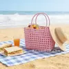 Cesta de Vegetais Tecida à Mão Estilo Coreano Vazada de Rattan Sintético Impermeável para Piquenique, Férias na Praia, Cesta de Banho, Bolsa