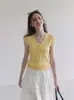 Top corto de verano para mujer, tejido de manga corta, con cordones en V, hueco, estilo coreano, entallado en la cintura, adelgazante, sin mangas, de seda helada 10620