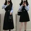 Vestido Midi de Manga Comprida com Patchwork Colorido para Primavera e Outono, Estilo Executivo, Falso Duas Peças, Esconde a Barriga, Emagrecimento, Marcação da Cintura, Corte Evasê