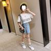 2024 Novo Conjunto Jeans Tendência para Meninas Shorts Jeans Influenciador da Internet Estilo Coreano Moda Infantil Estilo Ocidental Conjunto de Duas Peças Sem Costas para Meninas