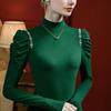 Camiseta de mujer con cuello alto medio y mangas abullonadas cepilladas, corte entallado, decoración industrial pesada, otoño 2023, nueva camisa de nicho de manga larga