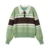 Ropa de mujer de comercio exterior de Amazon transfronteriza más vendida 2026 color de otoño bloque de color rayas cuello polo hombro caído suelto suéter corto de punto