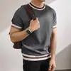 Top de Punto Cruzado para Hombre de Manga Corta, Bloques de Color, Rayas, Cuello Redondo, Estilo Old Money, Negocios, Gama Alta, Verano, Seda Helada, Casual