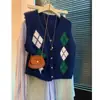 Nuevo Cárdigan Chaleco de Punto sin Mangas Estilo Coreano Retro de Primavera y Otoño con Patrón de Diamantes Suéter de Cuello V para Mujer