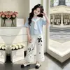 Moda Juvenil Casual Cuello Marino Manga Corta Estilo Universitario Verano Encaje Pantalones de Pierna Ancha Conjunto Único de Dos Piezas