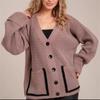 Cardigan de Tricô Oversized Estilo Preguiçoso Japonês para Mulheres 2026 Outono e Inverno Novo Design com Punho Invertido e Bolso Casaco Suéter