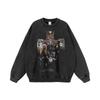 Moletom com capuz estampado de hip hop rock europeu e americano, estilo antigo, lavado, com decote redondo, para homens e mulheres