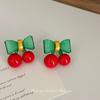 Aretes de Cereza con Lazo de Contraste de Color de Dopamina, Moda Nicho, Aretes Dulces de Fruta, Aretes Distintivos Combinables para Mujer