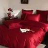 Conjunto de Casamento de Quatro Peças em Algodão de Fibra Longa 100S, Conjunto Festivo de Casamento 100% Algodão em Vermelho Brilhante com Lençol de Baixo Bordado, Conjunto de Casamento 100% Algodão