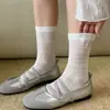 Calcetines Blancos de Primavera y Verano para Mujer, Calcetines de Encaje Geométrico con Volantes hasta la Mitad de la Pantorrilla, Calcetines de Algodón Puro Antipelusa Sin Costuras para Mujer, Estilo Dulce Coreano