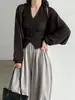 Conjunto de Dos Piezas de Cardigan de Punto con Cuello Halter de Lana de Oveja Luxi para Mujer, Otoño 2026, Suéter Versátil Elegante para el Trabajo ss1096