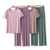 Conjunto de Pijama Casual para Mujer de Verano Delgado Talla Grande, Manga Corta, Pantalones Largos Anchos Cortados, Adecuado para Usar como Ropa de Exterior