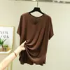 Nova camiseta modal simples de gola V, tamanho grande, para primavera e verão, feminina, adequada como peça externa, top de manga curta, camiseta básica