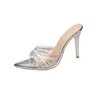 Sandalias Transparentes Famosas de Internet para Mujer 2025 Verano Nuevas Tacones Altos Puntiagudos Tacón de Aguja Pedrería Plata Punta Abierta Sandalias para Usar al Aire Libre