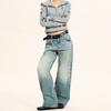 Yongfang Jeans Americanos Retro Lavado Azul Unisex Versátiles Sueltos Vintage Diseño Moderno Pantalones Rectos de Pierna Ancha