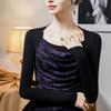 Top plisado de malla estampada de dos piezas falsas para mujer 2024 Otoño e Invierno Nuevo Camiseta básica adelgazante de moda estilo occidental para mujer