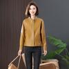 Jaqueta de Couro com Gola Alta para Mulheres, Moda Primavera e Outono, Estilo Retro Americano, Jaqueta Curta Casual Solta para Baixinhas em Pele de Ovelha