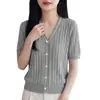 Cardigã Tricotado Gola V Color Block Estilo Chanel para Mulheres, Jaqueta Fina Nova Verão 2026, Camiseta Manga Curta Color Block Emagrecedora