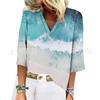 Transfronteiriço Amazon AliExpress Temu Primavera e Outono Nova Moda Impressa Com Decote Em V Solto Casual Sete Manga T-shirt Top