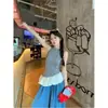 Top de tirantes de punto irregular con cuadros azules para mujer, primavera, diseño exterior, ajustado, sin mangas
