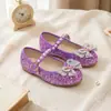 Sapatos de Princesa Roxos com Strass para Meninas, para Eventos Formais e Passeios, Sapatilhas Brilhantes com Pérolas e Laço de Uma Tira