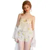 Elegante y sexy diseño calado con copas, flores bordadas, top de algodón puro, shorts, bata de malla, conjunto de ropa para el hogar 6506