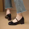 Zapatos Mary Jane para mujer talla 26, primavera y otoño, con una sola correa y tacón grueso, charol, rojo, tacones altos elegantes de corte bajo