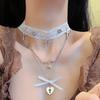 Collar con colgante de estrella de cinco puntas en forma de corazón de encaje para mujer multicapa apilado diseño francés sentido avanzado cadena de clavícula de múltiples correas