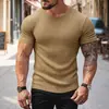 Amazon Comercio Exterior Transfronterizo Deseo Hombres Verano Deportes Fitness Casual Cuello Redondo Elástico Raya Vertical Cuello Redondo Manga Corta Camiseta