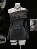 Vestido Outono Inverno Transfronteiriço de Um Ombro com Listras Manga Longa Saia Tricotada Sexy Y2K Justa ao Corpo Vestido Estilo Festa