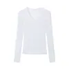 Camiseta Básica de Manga Larga con Cuello en V Color Blanco Estilo Spice Girl Pura Pasión para Mujer Otoño e Invierno Ajustada Engrosada Lija Camiseta Base Superior
