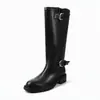 Botas longas de couro femininas, botas de montaria modeladoras da perna, botas longas de inverno com fivela e forro de fleece, botas de salto grosso de cano médio
