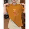 Camiseta Básica de Manga Corta con Cuello Redondo de Corte Regular para Mujer, Estilo Coreano, Moda Casual Única y Moderna en Naranja
