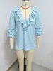 2026 Comercio Exterior Ropa Europea y Americana para Mujer Nueva Manga Larga Cuello en V Volante Color Sólido Temperamento Francés Ajustado Top Jacquard Mujer