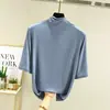 Camiseta base de algodón de punto fino con cuello medio para mujer, camiseta de manga de tres cuartos, top fino versátil de manga media ajustado para primavera y otoño, tallas grandes