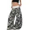 Atacado do fabricante calças de moletom estilo americano cintura alta retalhos camuflagem rosa bainha curva plissada para homens e mulheres, calças largas da moda para street dance
