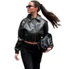 11806 Chaqueta Corta de Cuero PU Estilo Callejero Europeo y Americano para Mujer, Cintura Ceñida Cropped Ajustada Solapa Cremallera Chaqueta Versátil